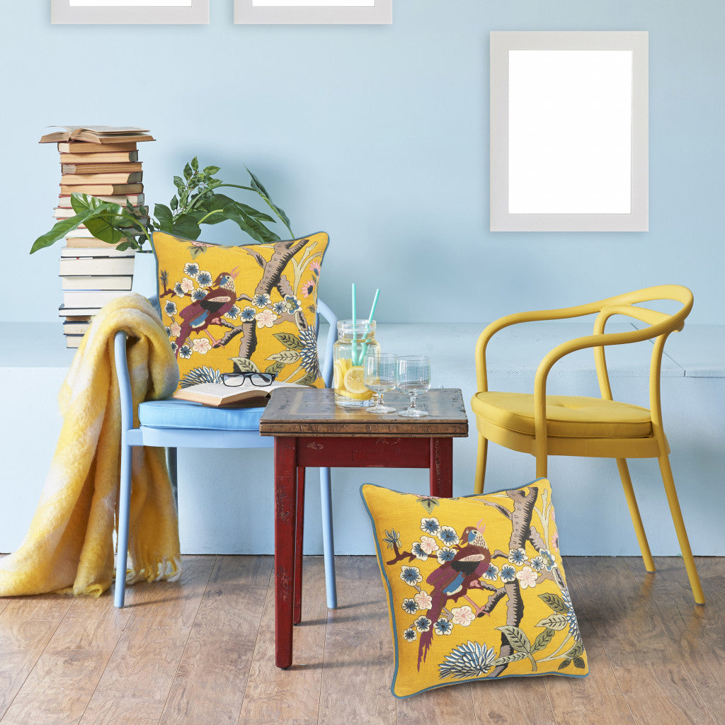 20" Blue and Yellow Bird Floral Throw Pillow with Embroidery-4