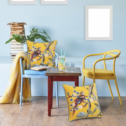 20" Blue and Yellow Bird Floral Throw Pillow with Embroidery-4