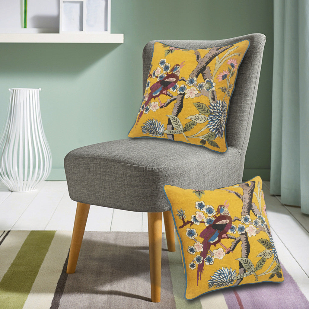 20" Blue and Yellow Bird Floral Throw Pillow with Embroidery-5