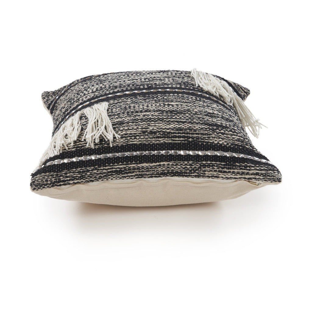 18" Black and Off White Throw Pillow with Fringe-1