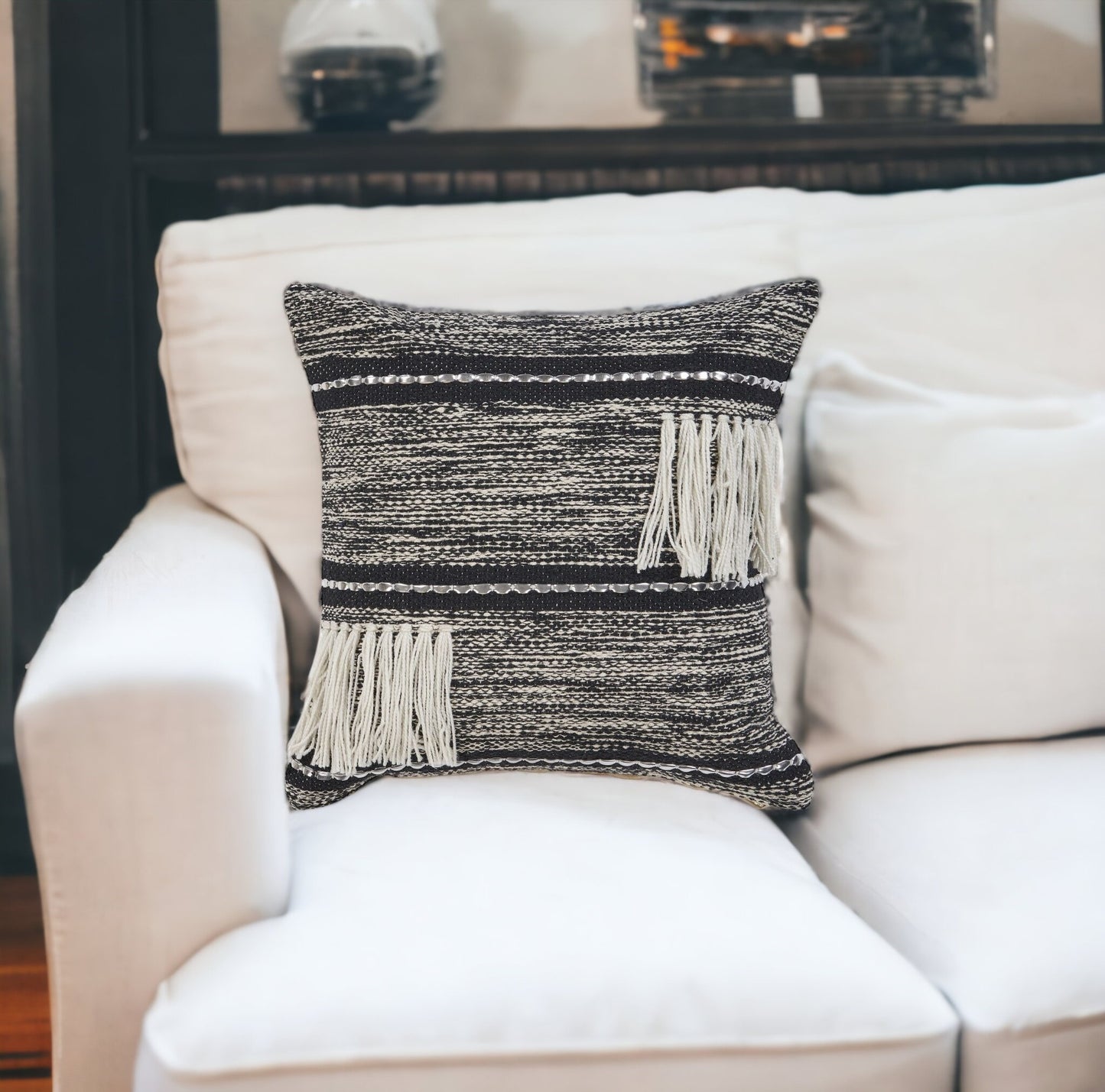 18" Black and Off White Throw Pillow with Fringe-3