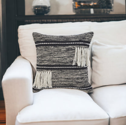 18" Black and Off White Throw Pillow with Fringe-3