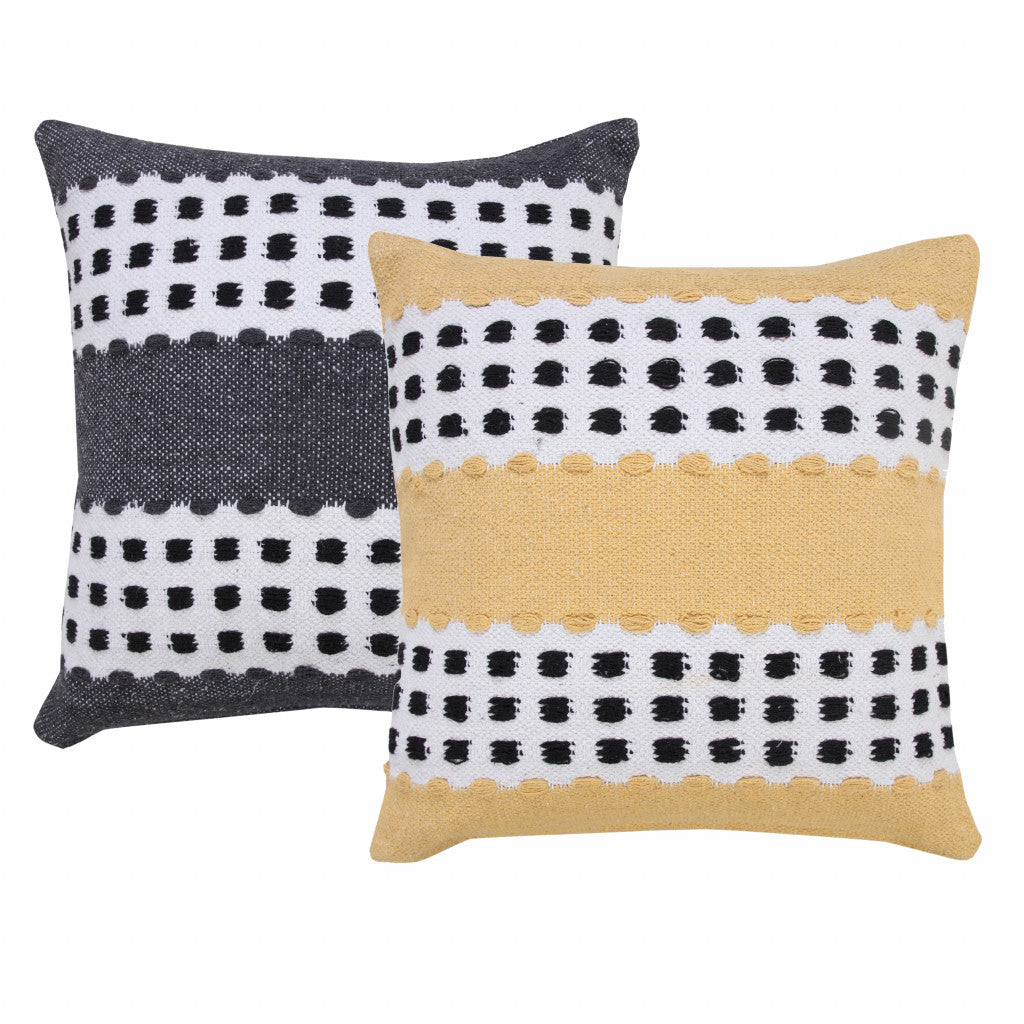 20" X 20" Yellow Black And White 100% Cotton Striped Zippered Pillow-7
