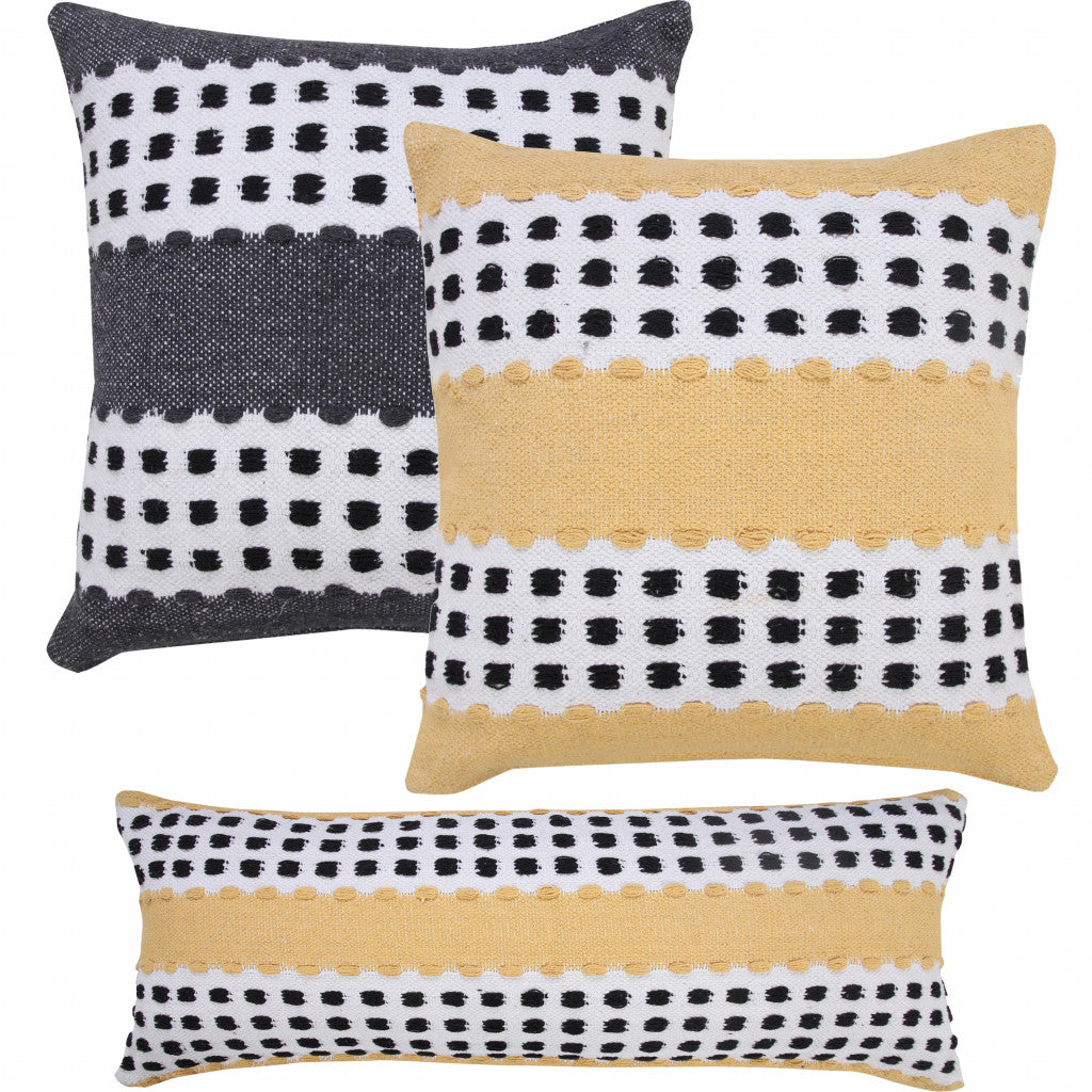 20" X 20" Yellow Black And White 100% Cotton Striped Zippered Pillow-8
