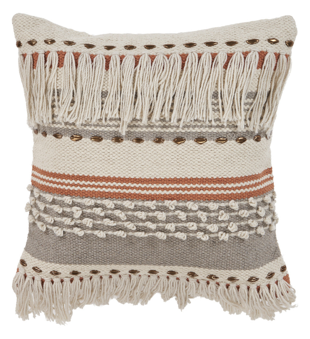 18" Beige and Red Throw Pillow with Fringe-0