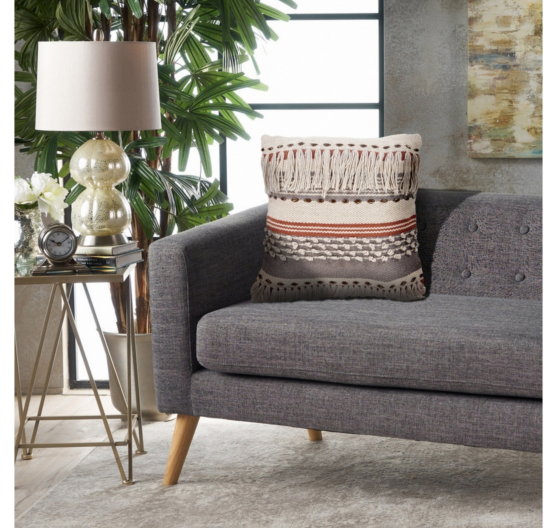 18" Beige and Red Throw Pillow with Fringe-4