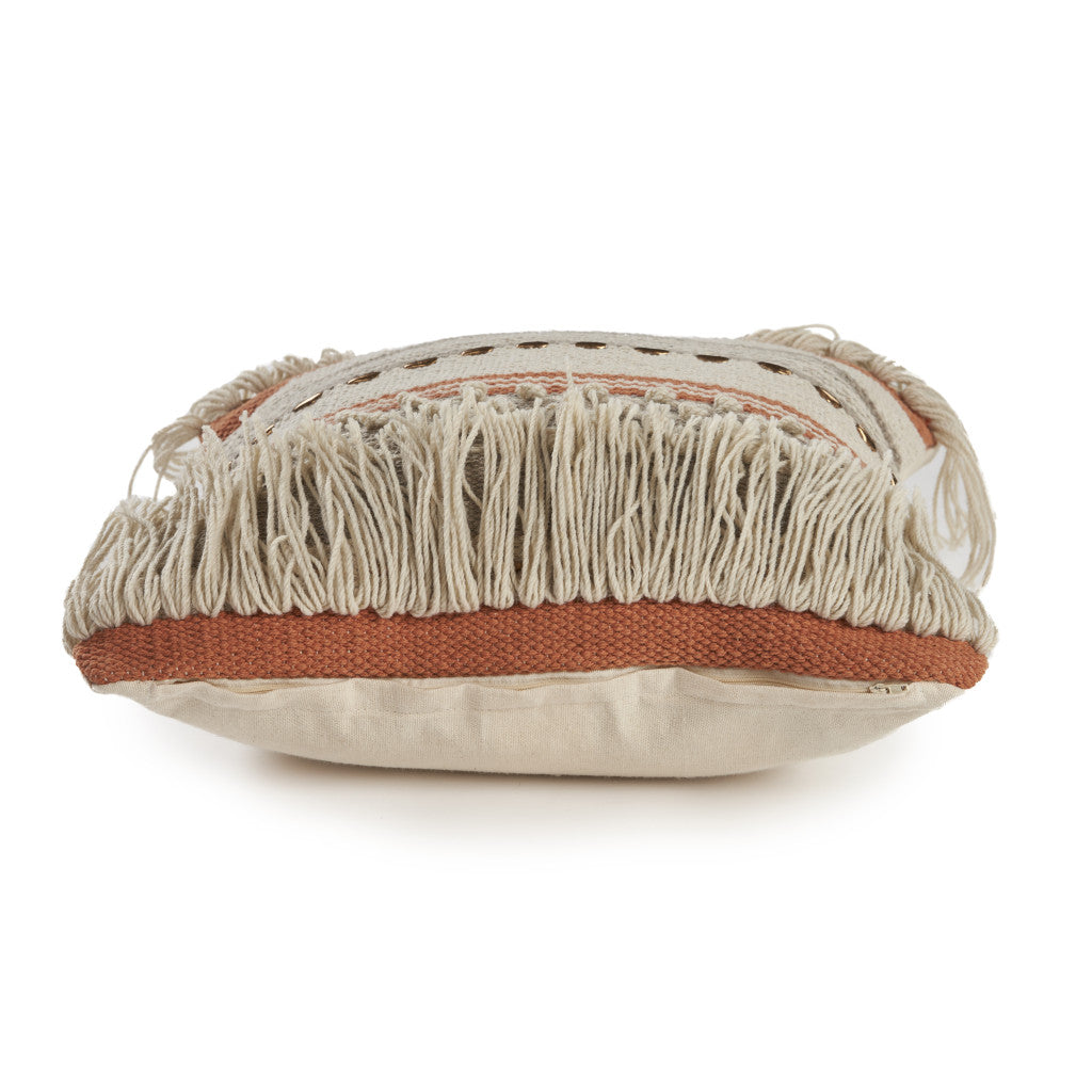 18" Beige and Red Throw Pillow with Fringe-1