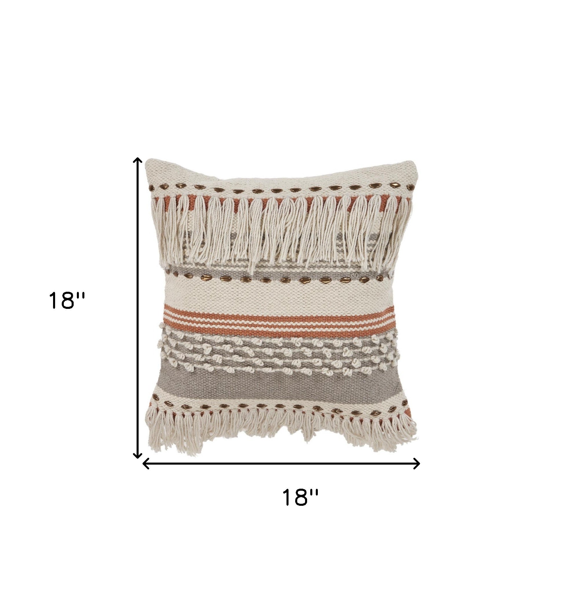 18" Beige and Red Throw Pillow with Fringe-6