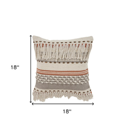 18" Beige and Red Throw Pillow with Fringe-6