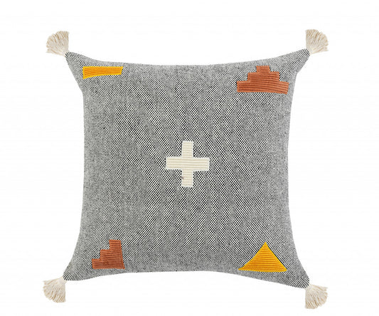 20" X 20" Black Off-White Yellow And Orange 100% Cotton Geometric Zippered Pillow-0