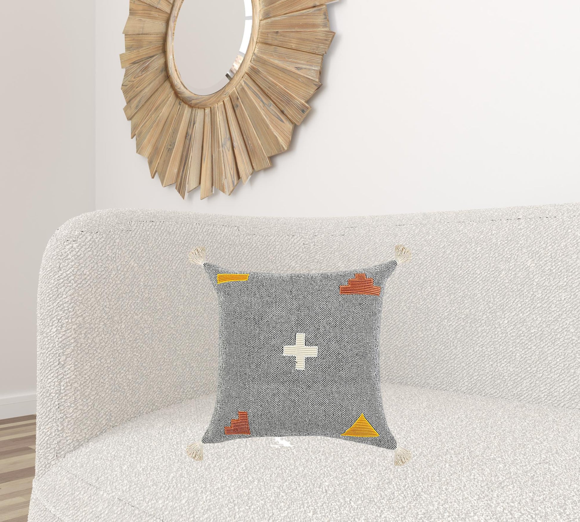 20" X 20" Black Off-White Yellow And Orange 100% Cotton Geometric Zippered Pillow-5