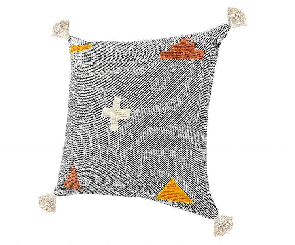 20" X 20" Black Off-White Yellow And Orange 100% Cotton Geometric Zippered Pillow-2