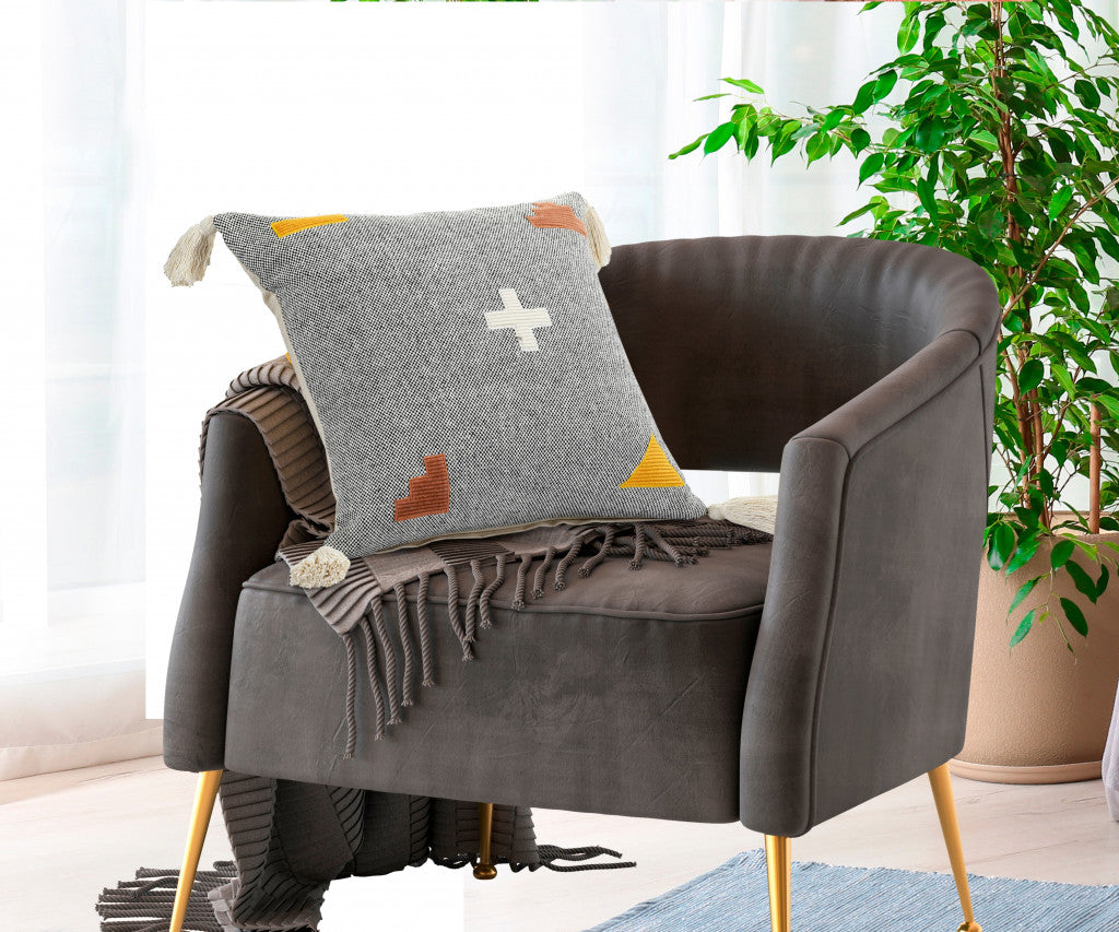 20" X 20" Black Off-White Yellow And Orange 100% Cotton Geometric Zippered Pillow-8