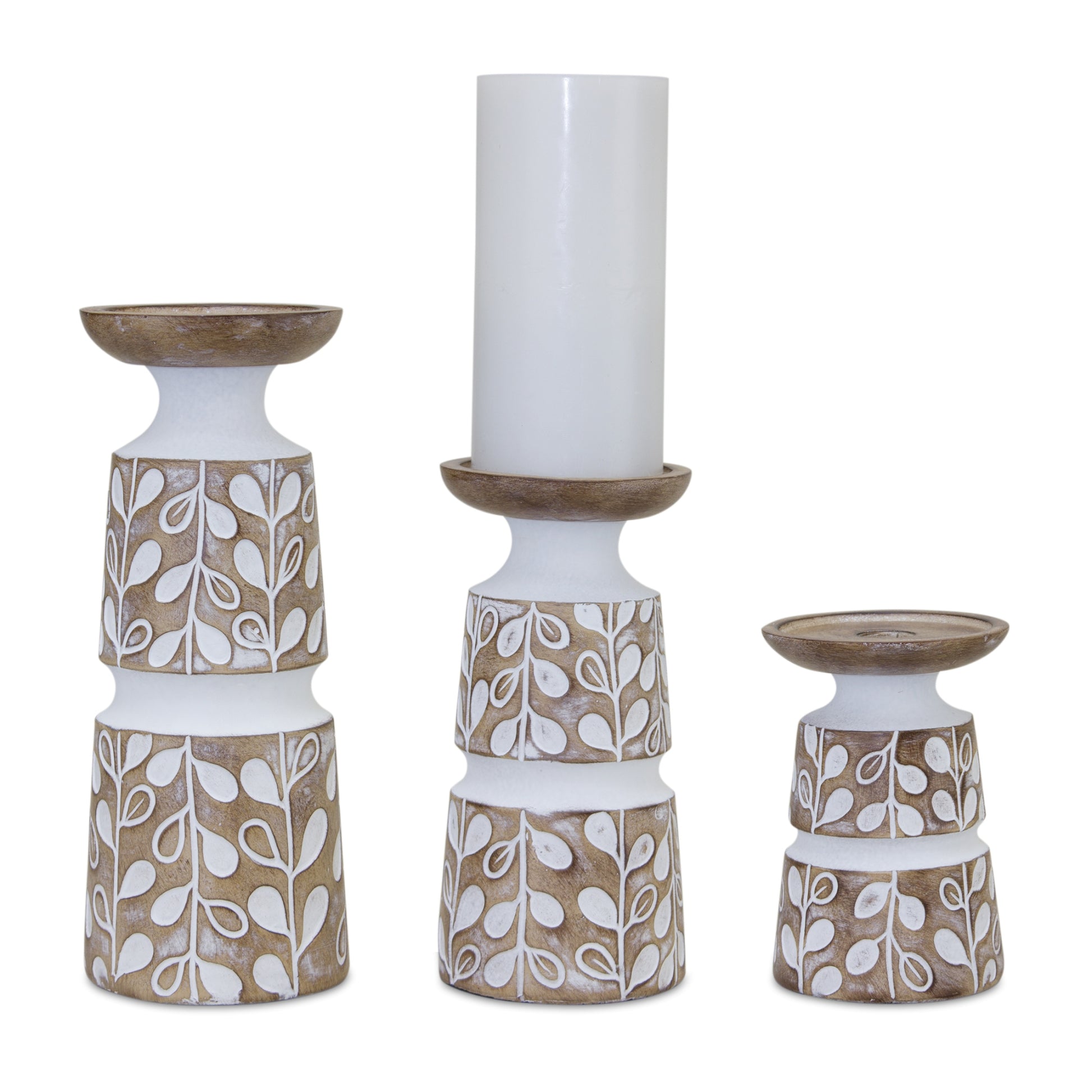 Set of Three Brown And White Botanical Leaf Stone Powder Tabletop Pillar Candle Holders-1