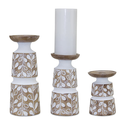 Set of Three Brown And White Botanical Leaf Stone Powder Tabletop Pillar Candle Holders-1