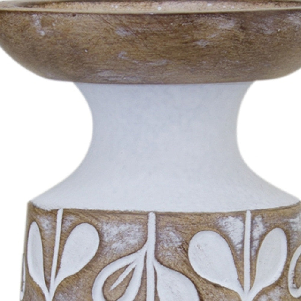 Set of Three Brown And White Botanical Leaf Stone Powder Tabletop Pillar Candle Holders-2