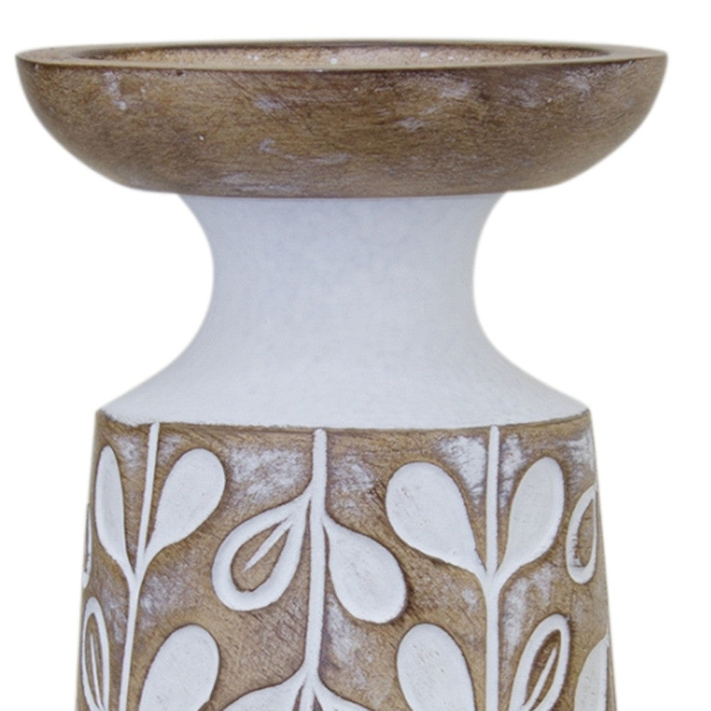 Set of Three Brown And White Botanical Leaf Stone Powder Tabletop Pillar Candle Holders-3
