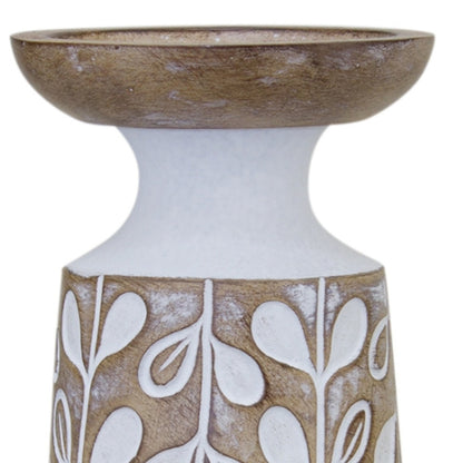 Set of Three Brown And White Botanical Leaf Stone Powder Tabletop Pillar Candle Holders-3