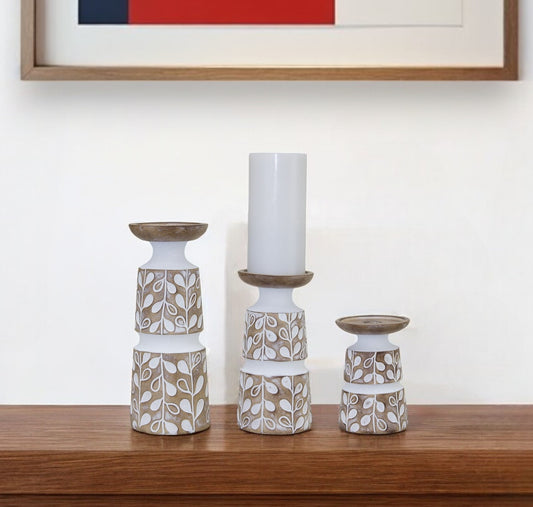 Set of Three Brown And White Botanical Leaf Stone Powder Tabletop Pillar Candle Holders-0