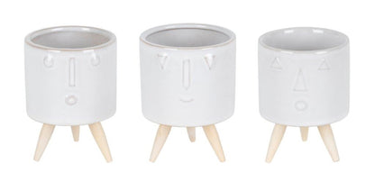 Set of Three White Porcelain 1 Ounce Round Funny Face Pot Planters With Stands-5