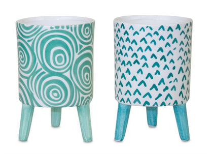 Set of Two Aqua Teal And White Ceramic 2 Ounce Round Raised Pot Planters-1