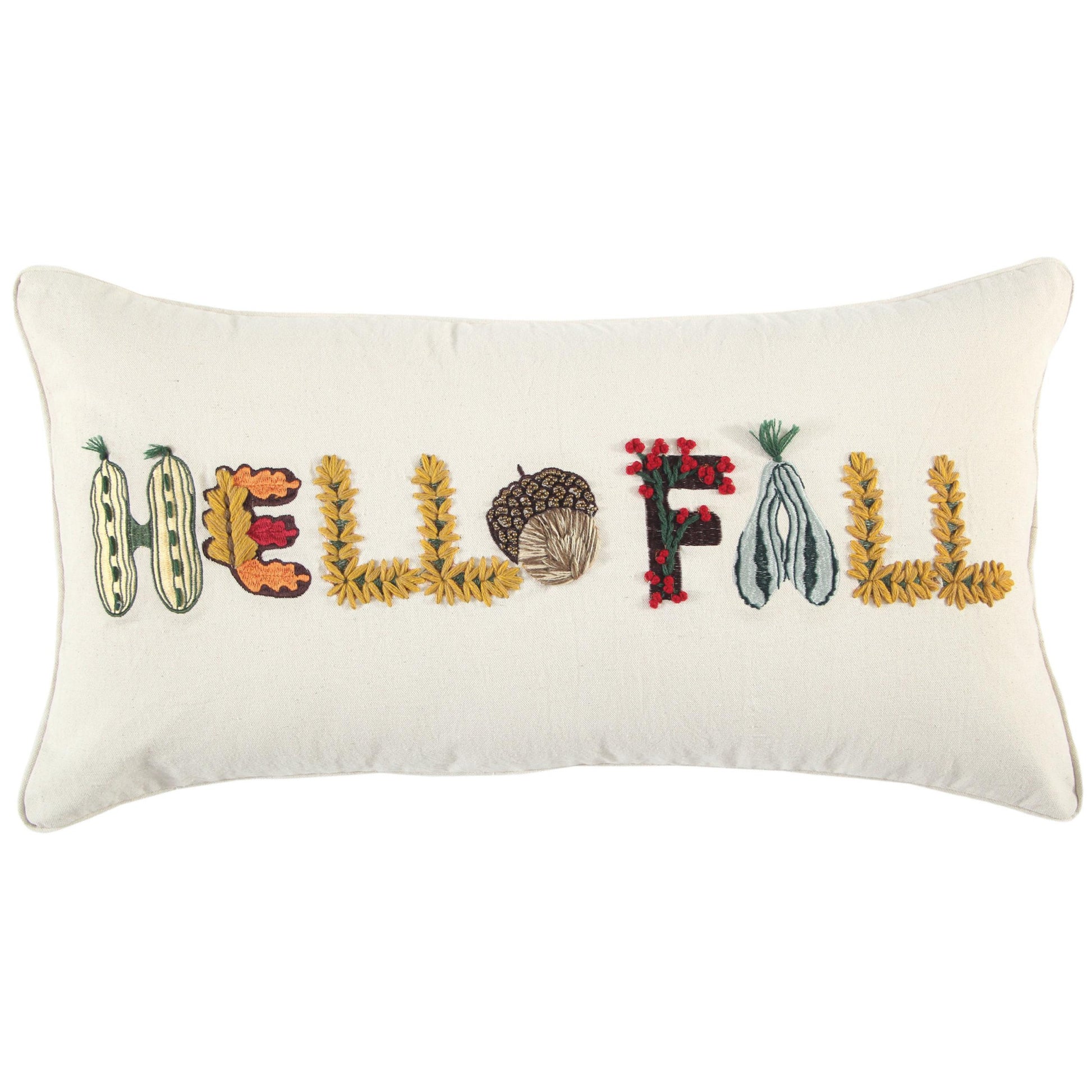 14" X 14" Yellow and White Thanksgiving Cotton Pillow With Embroidery Edges-0