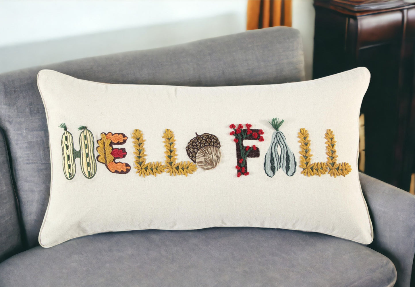 14" X 14" Yellow and White Thanksgiving Cotton Pillow With Embroidery Edges-1