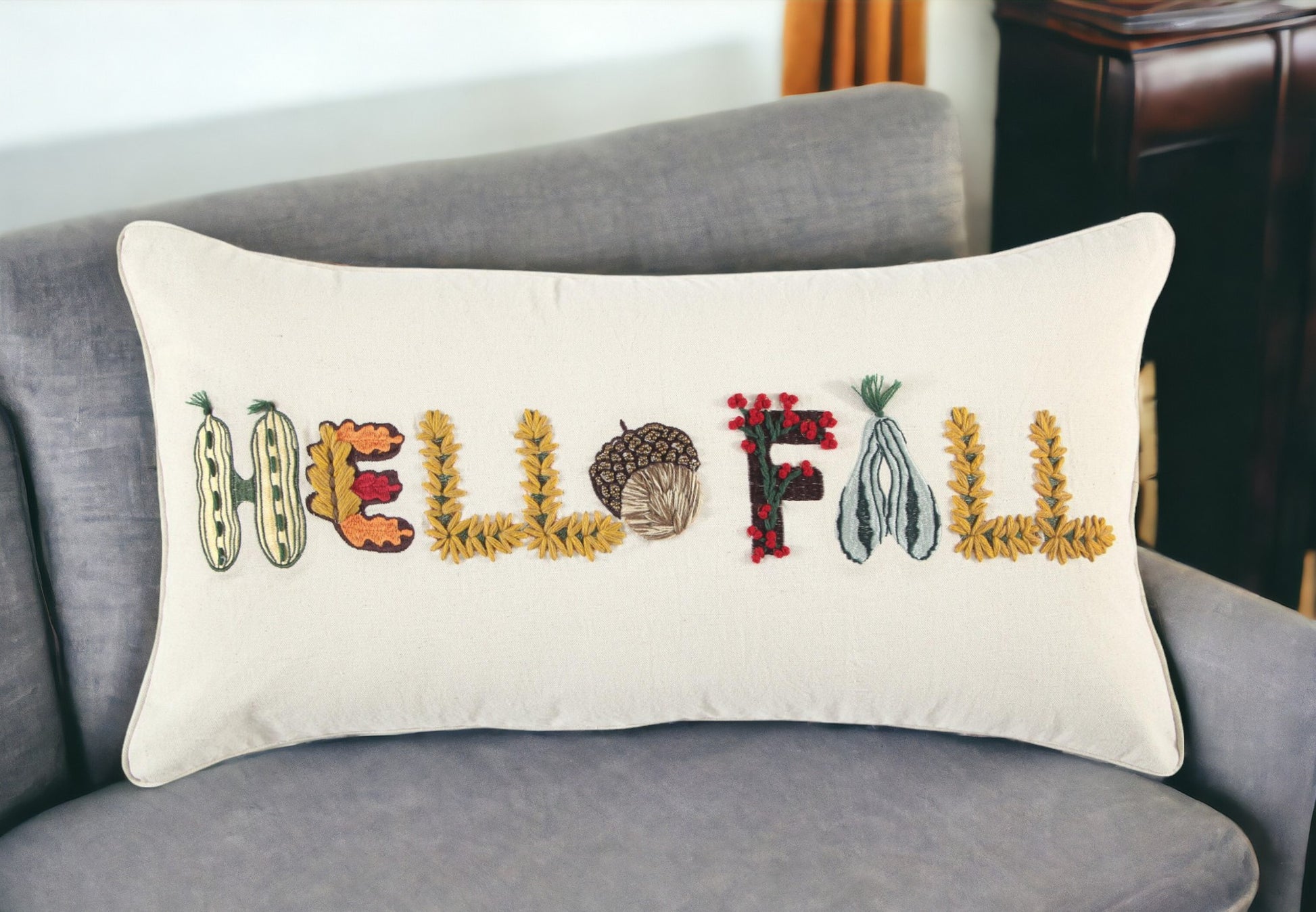 14" X 14" Yellow and White Thanksgiving Cotton Pillow With Embroidery Edges-1
