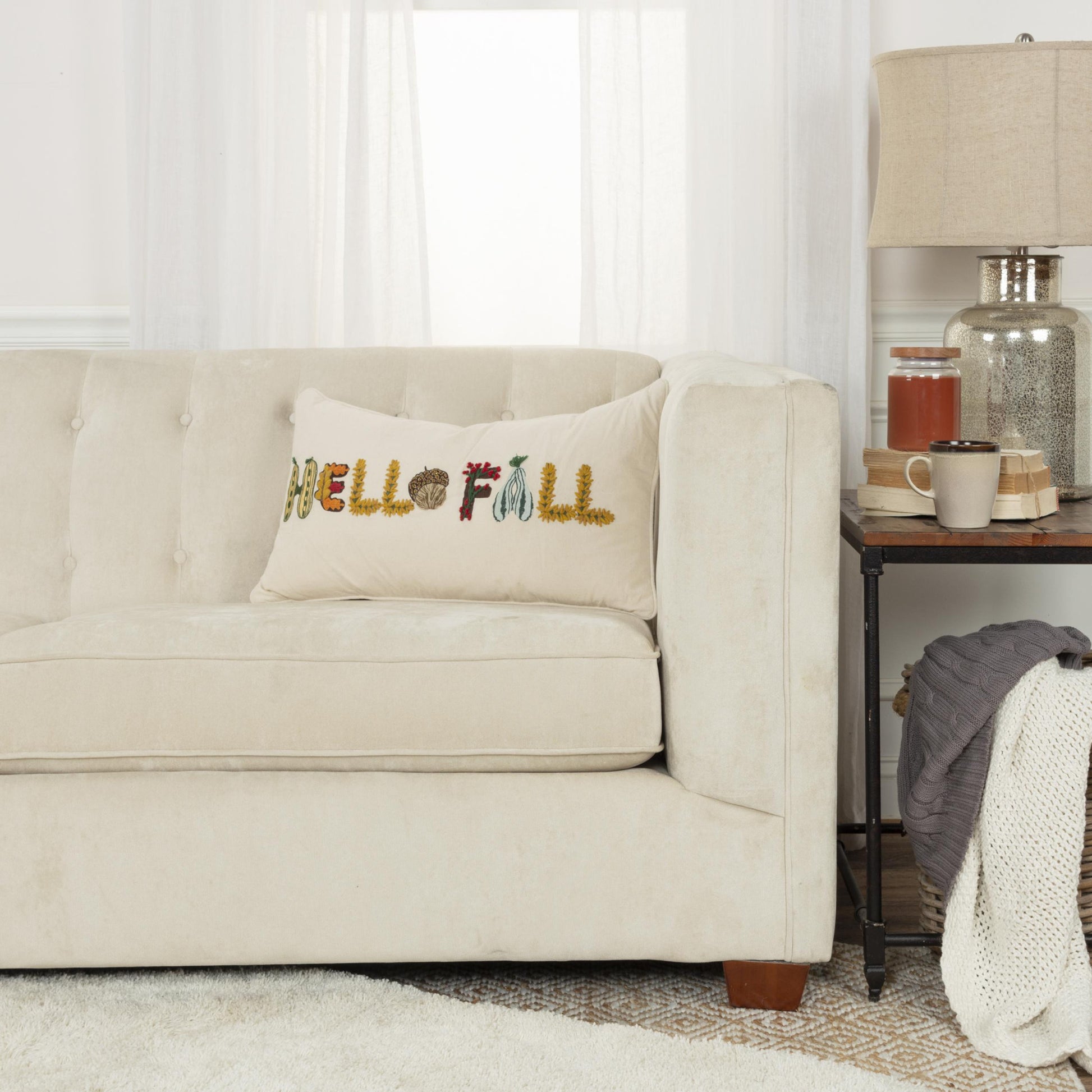 14" X 14" Yellow and White Thanksgiving Cotton Pillow With Embroidery Edges-5