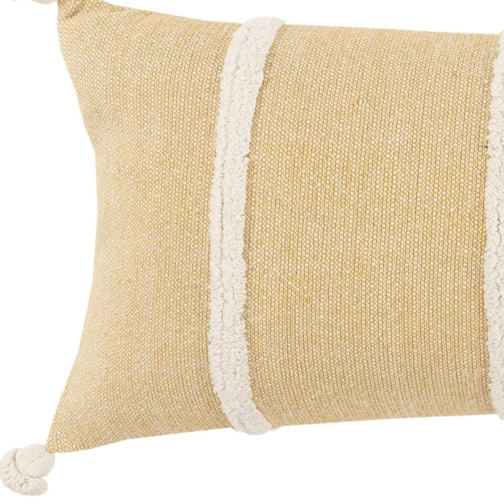 14" X 14" Yellow and White Cotton Pillow With Tassels Edges-5