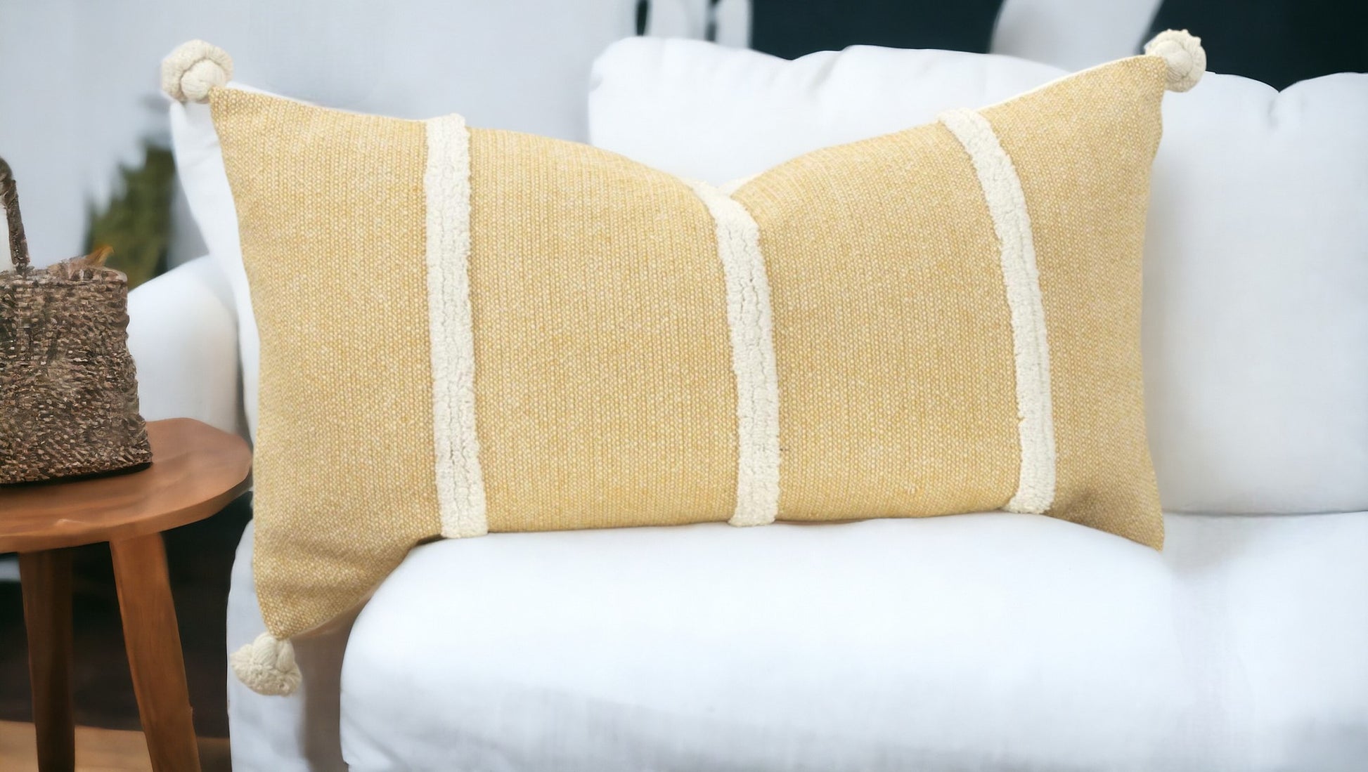 14" X 14" Yellow and White Cotton Pillow With Tassels Edges-1