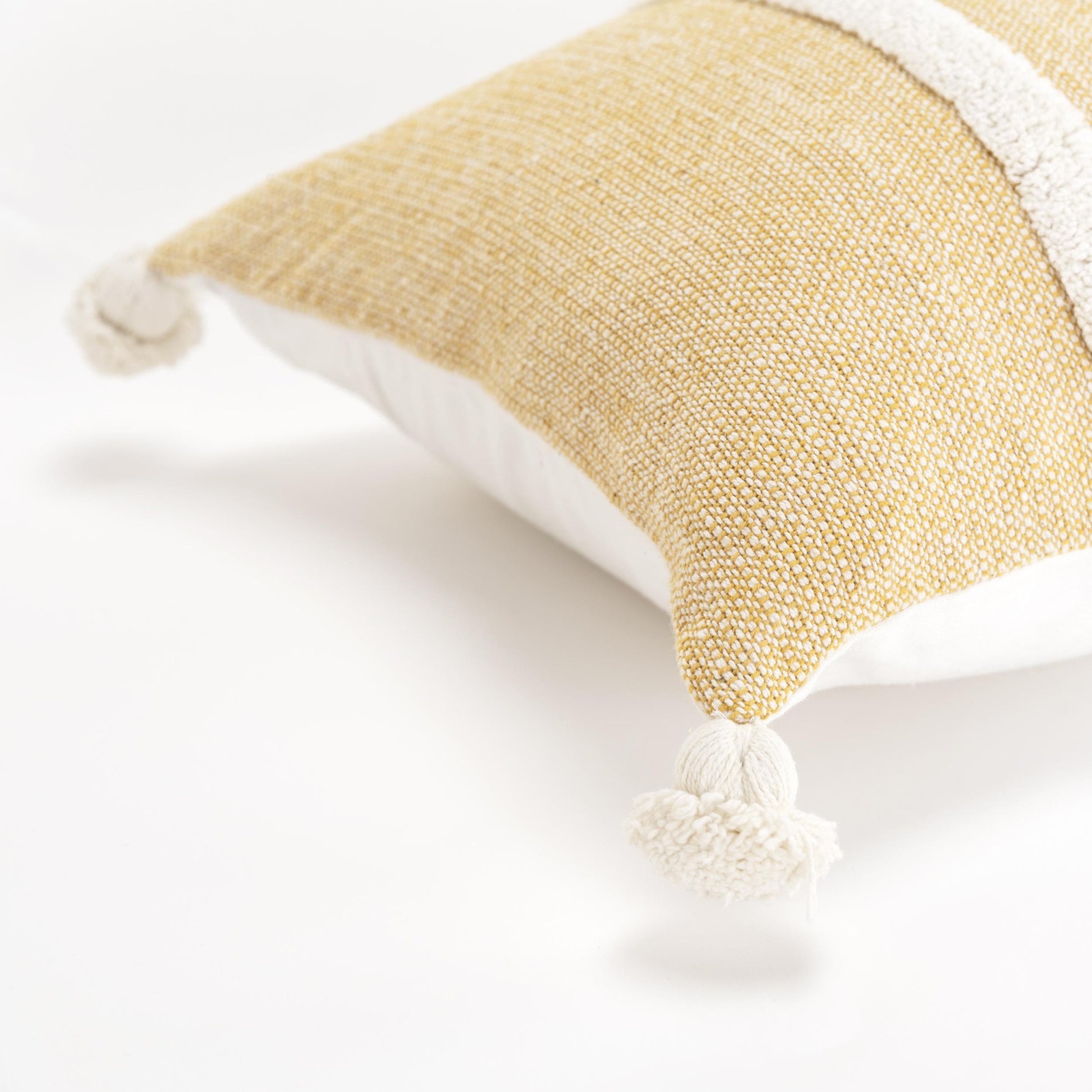 14" X 14" Yellow and White Cotton Pillow With Tassels Edges-3