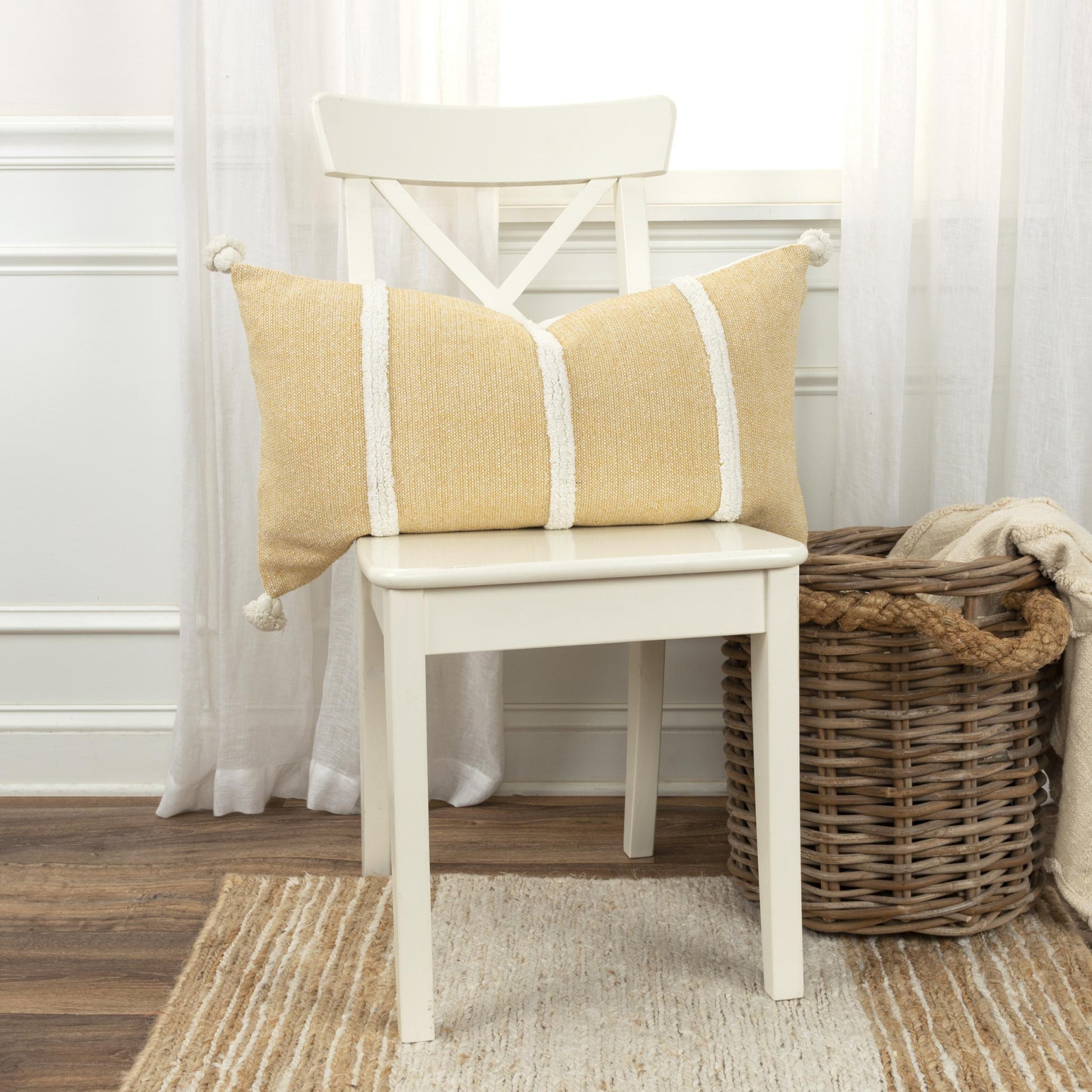 14" X 14" Yellow and White Cotton Pillow With Tassels Edges-7