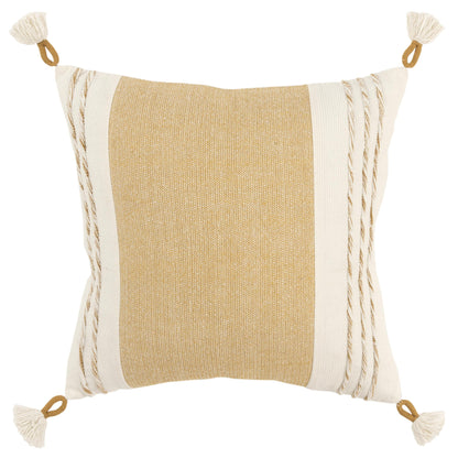 20" Yellow and White Color Block Cotton Throw Pillow With Tassels-1