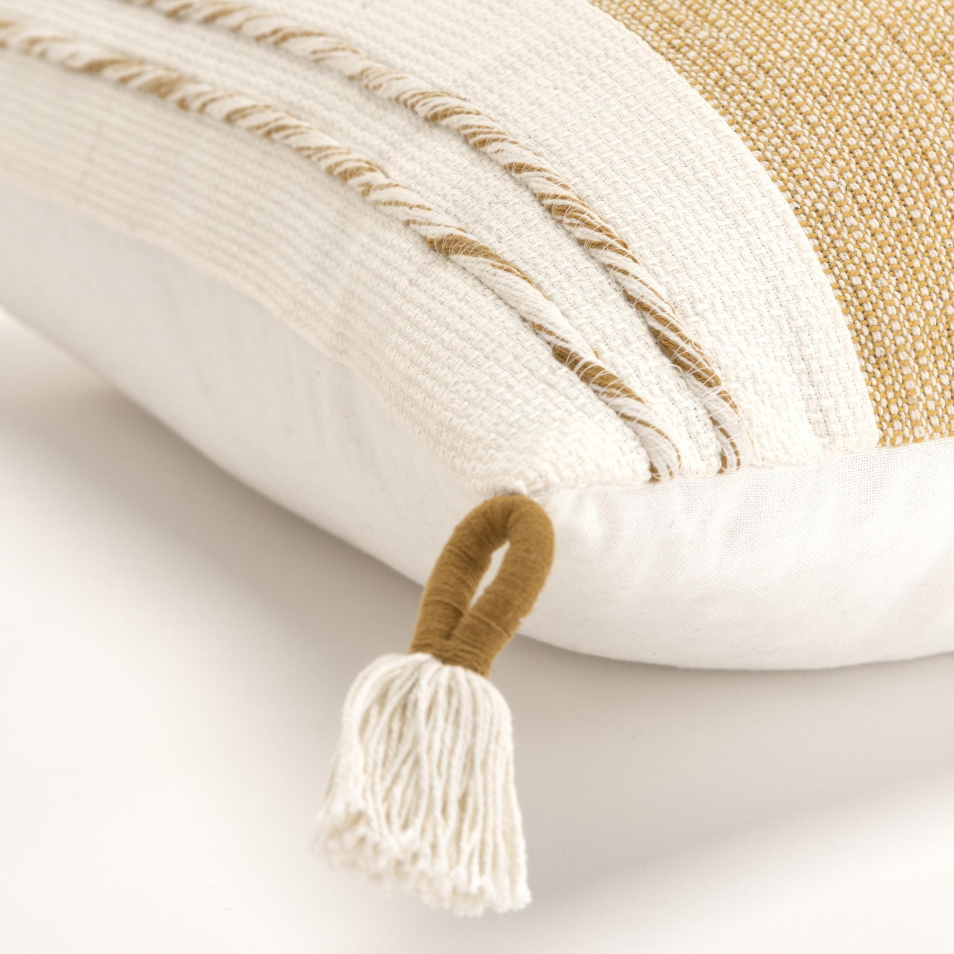 20" Yellow and White Color Block Cotton Throw Pillow With Tassels-3