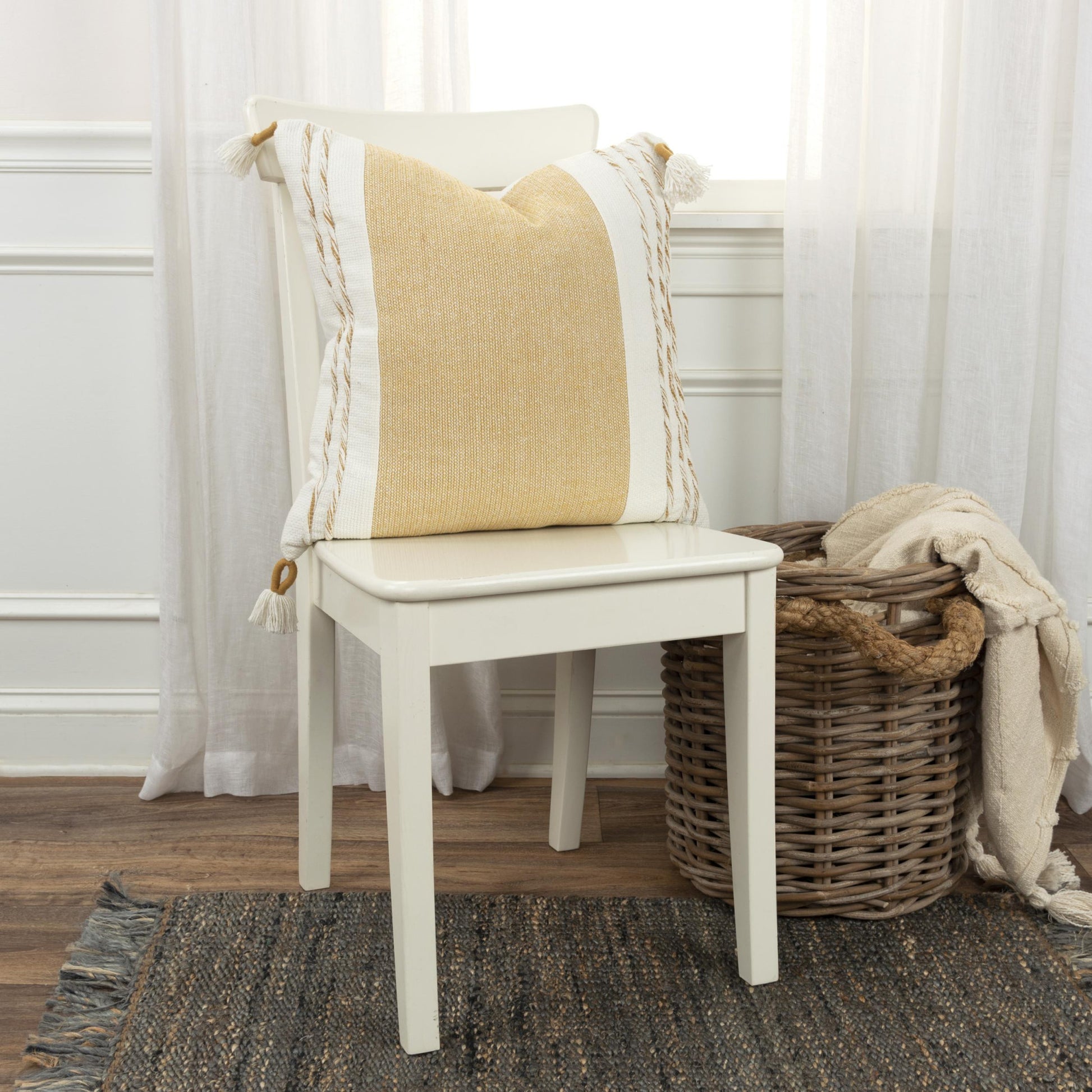 20" Yellow and White Color Block Cotton Throw Pillow With Tassels-4
