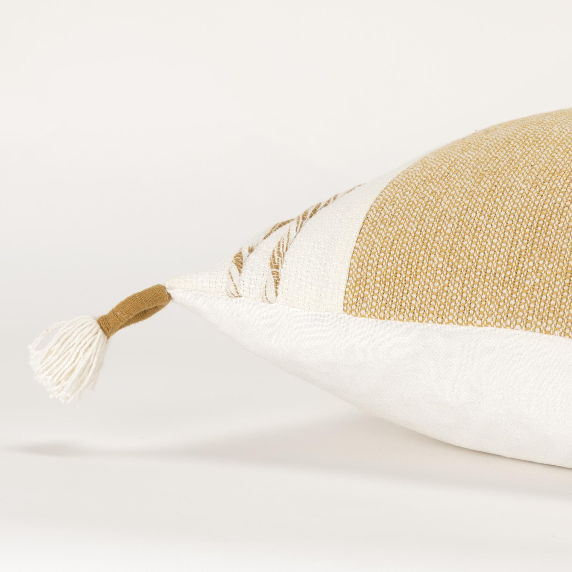20" Yellow and White Color Block Cotton Throw Pillow With Tassels-2