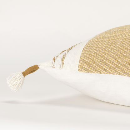 20" Yellow and White Color Block Cotton Throw Pillow With Tassels-2