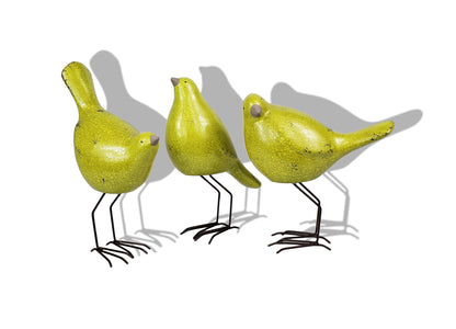 Set of Three Lemongrass Green Polyresin and Metal Bird Sculptures-2