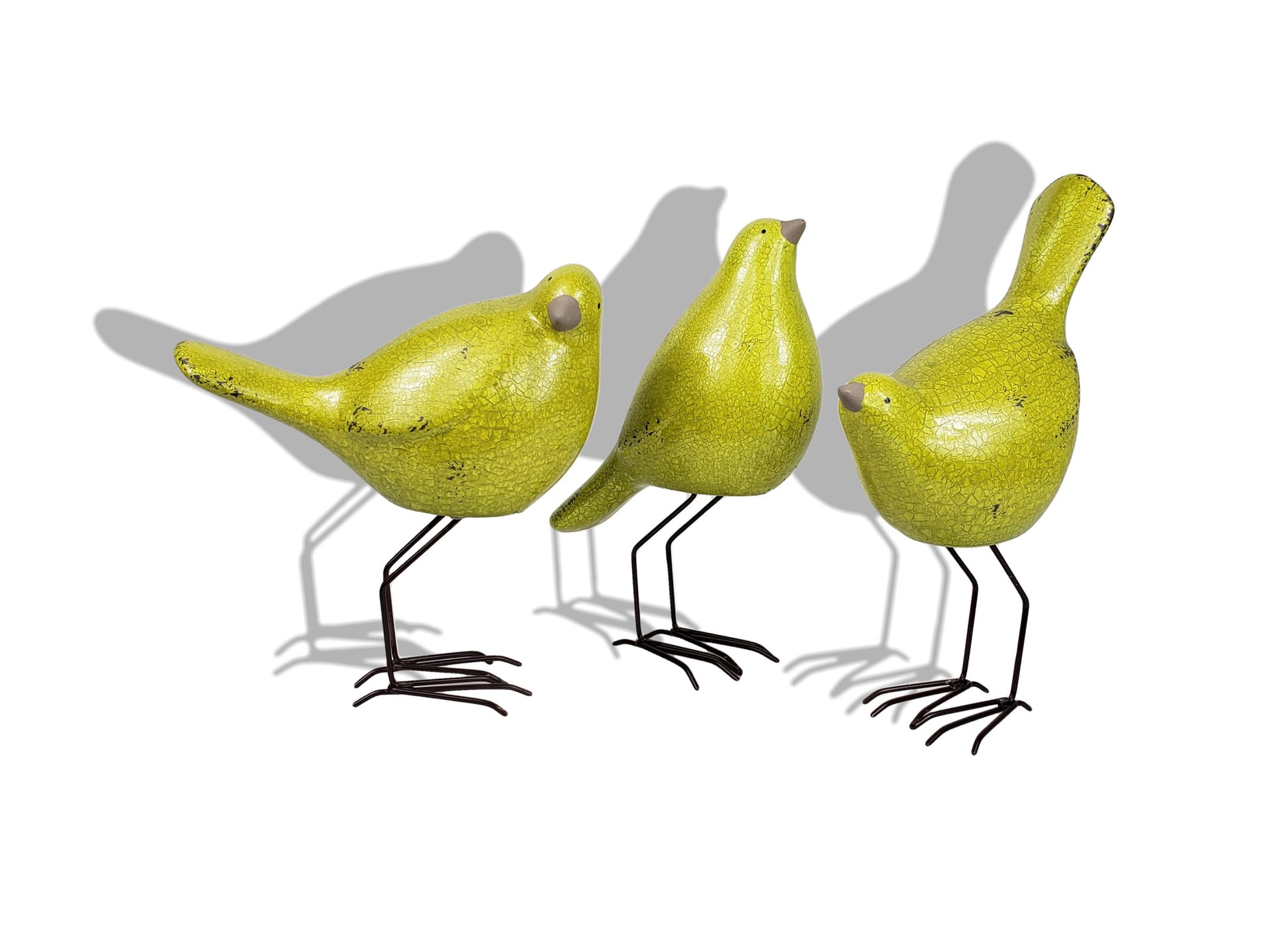 Set of Three Lemongrass Green Polyresin and Metal Bird Sculptures-3