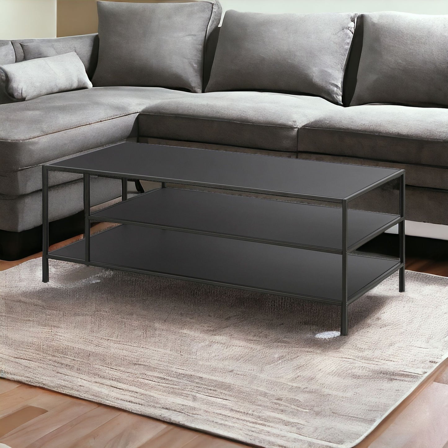 46" Black Steel Coffee Table With Two Shelves-1