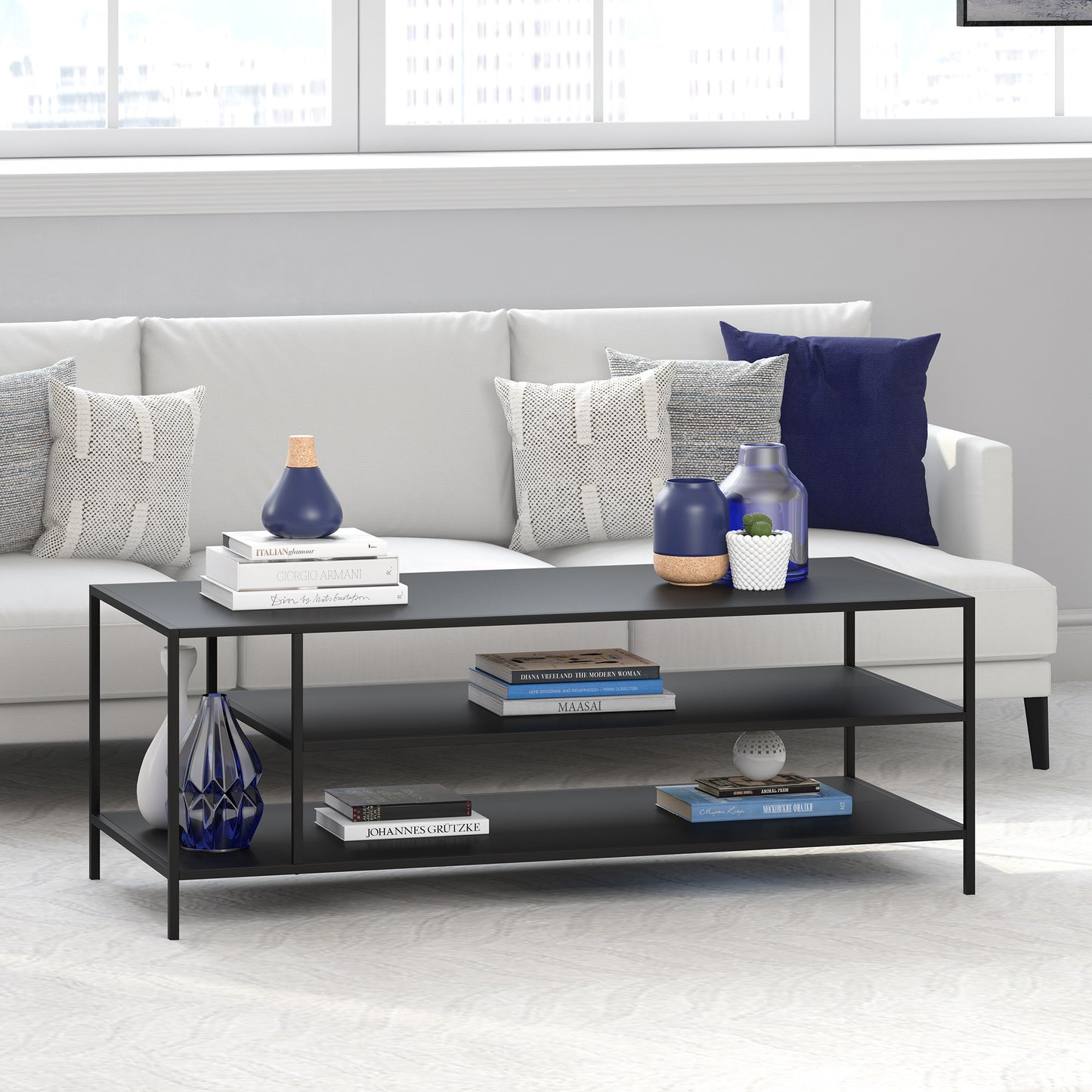 46" Black Steel Coffee Table With Two Shelves-5