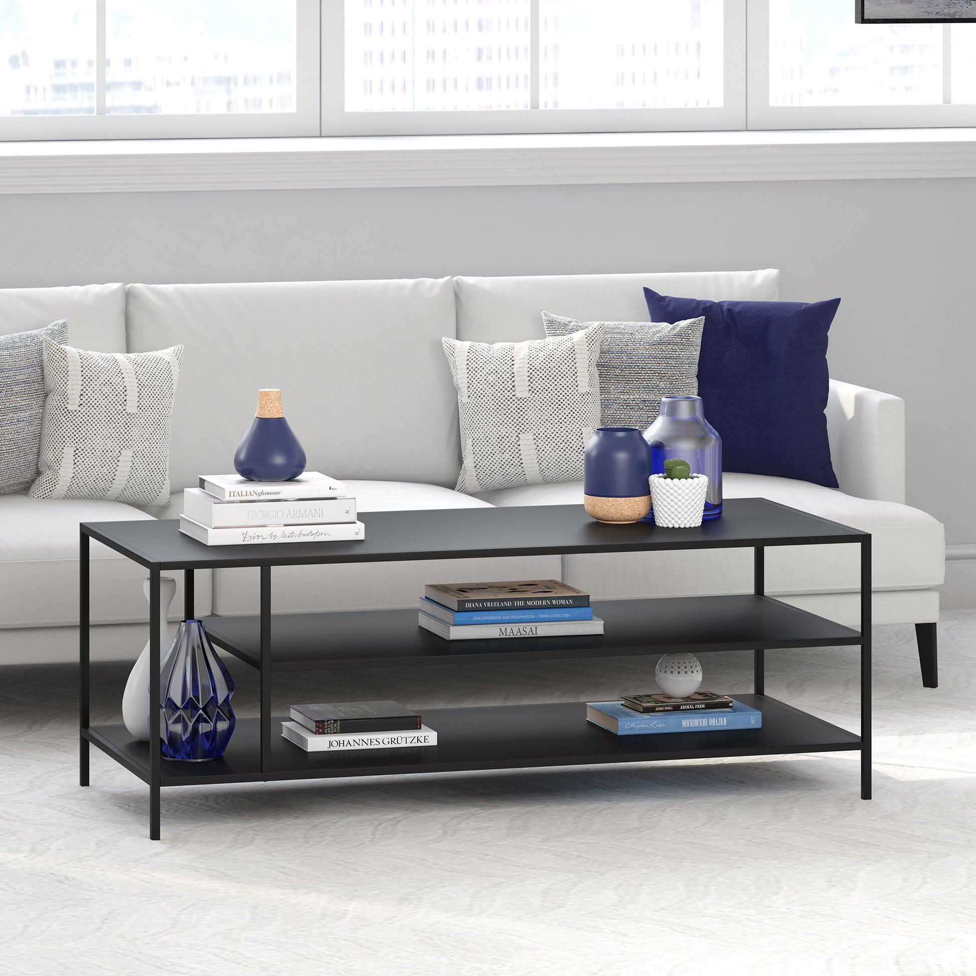 46" Black Steel Coffee Table With Two Shelves-5