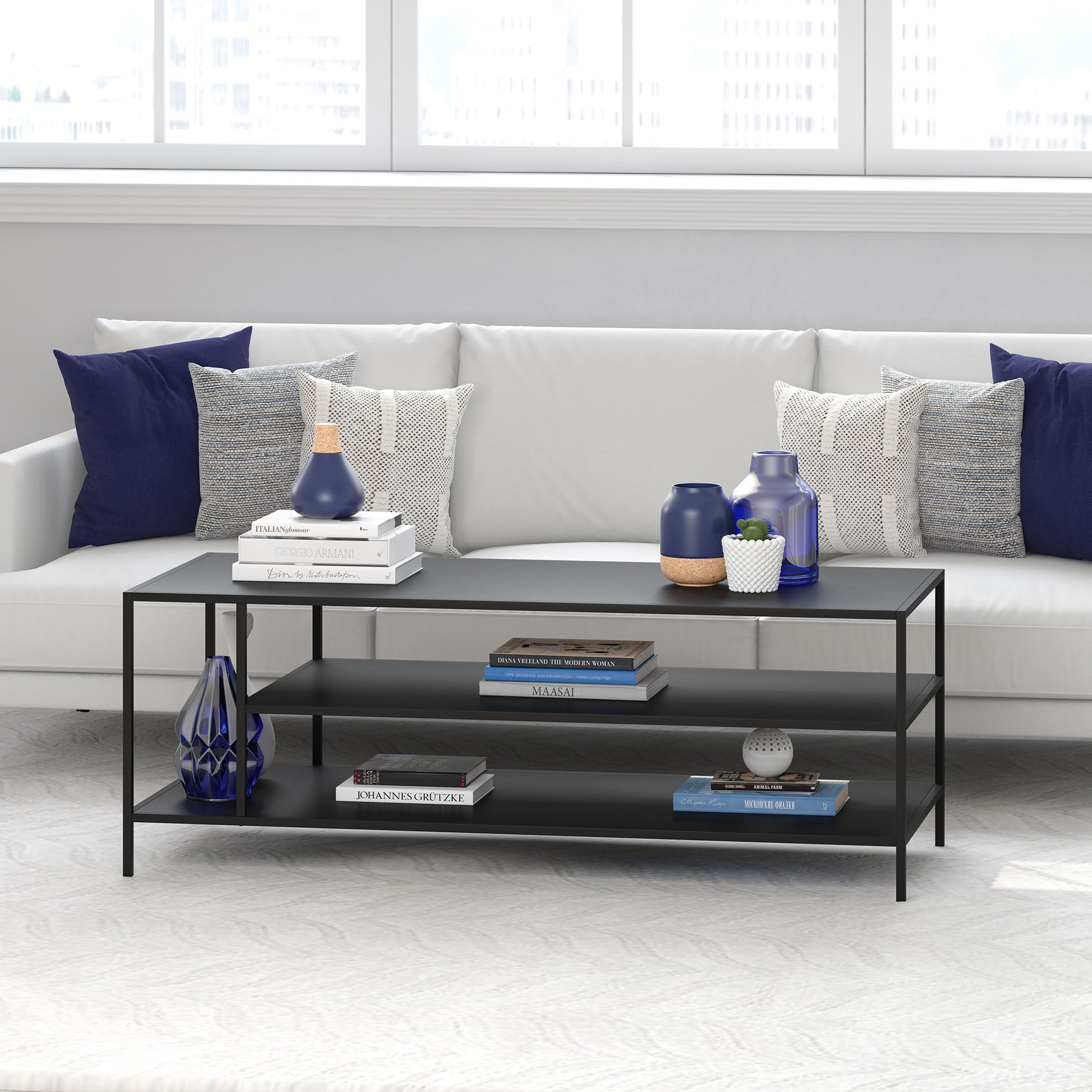 46" Black Steel Coffee Table With Two Shelves-7