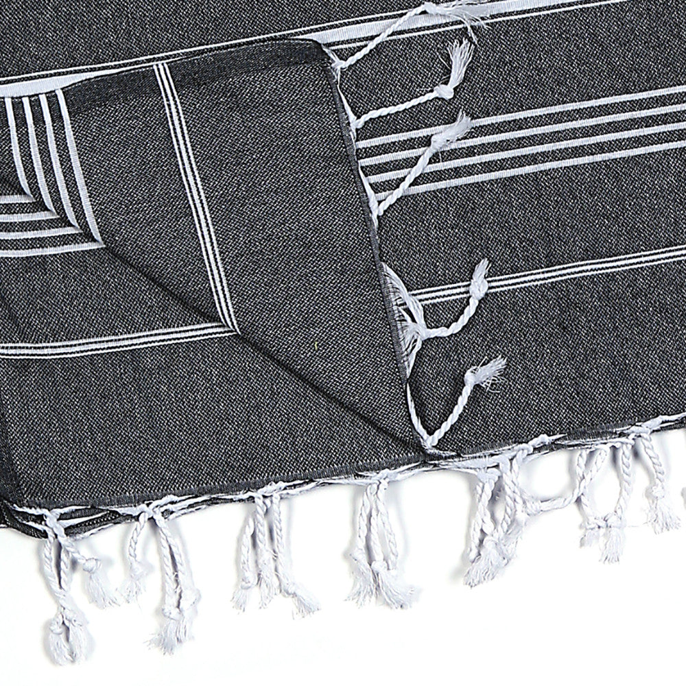 39" X 71" White and Black Cotton Turkish Towel Throw Blanket with Tassels-8