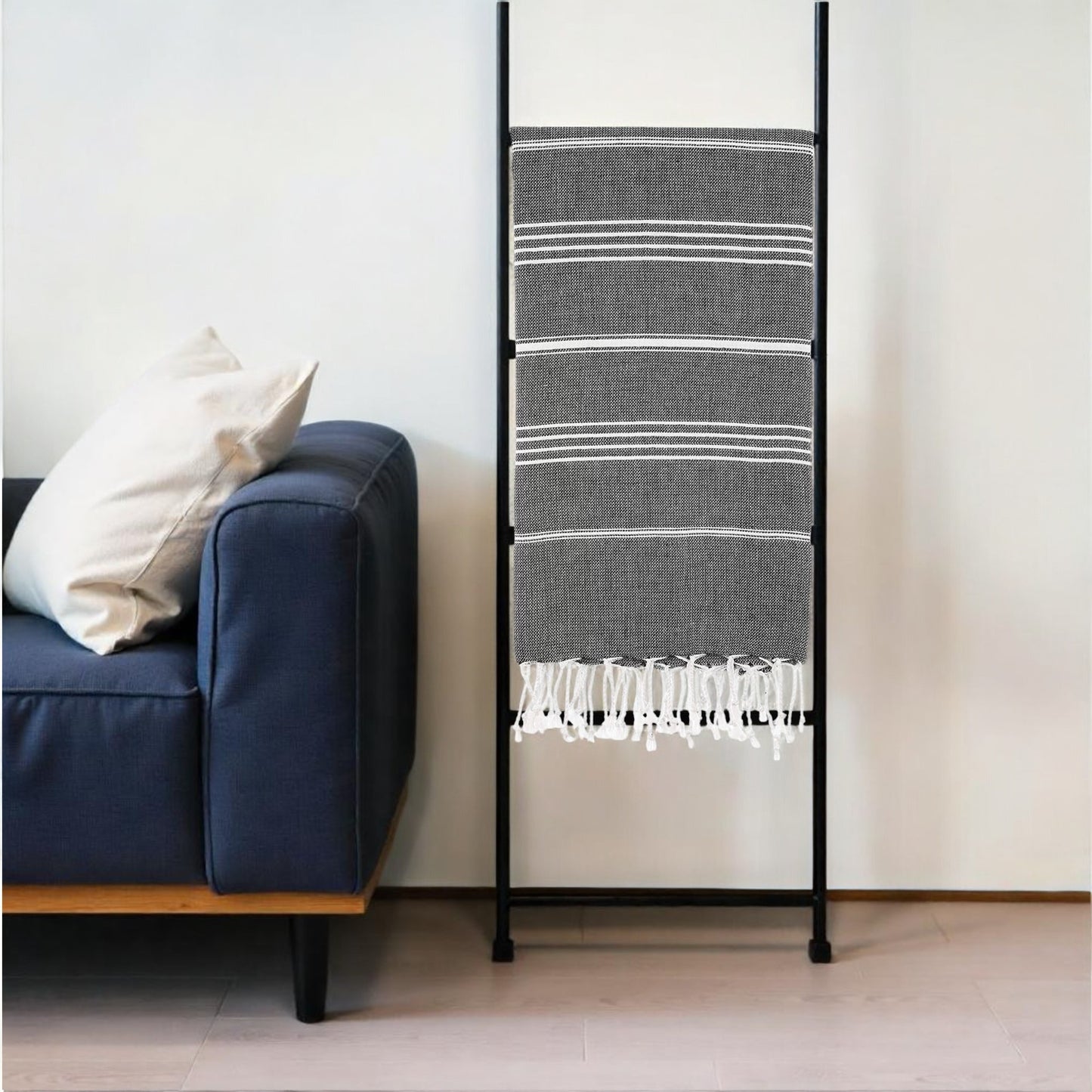 39" X 71" White and Black Cotton Turkish Towel Throw Blanket with Tassels-1