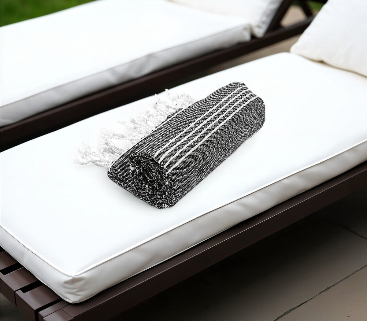 39" X 71" White and Black Cotton Turkish Towel Throw Blanket with Tassels-2