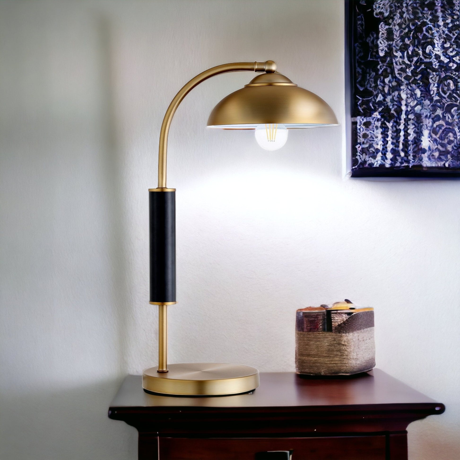 24" Gold and Black Metal Desk Table Lamp With Gold Dome Shade-2