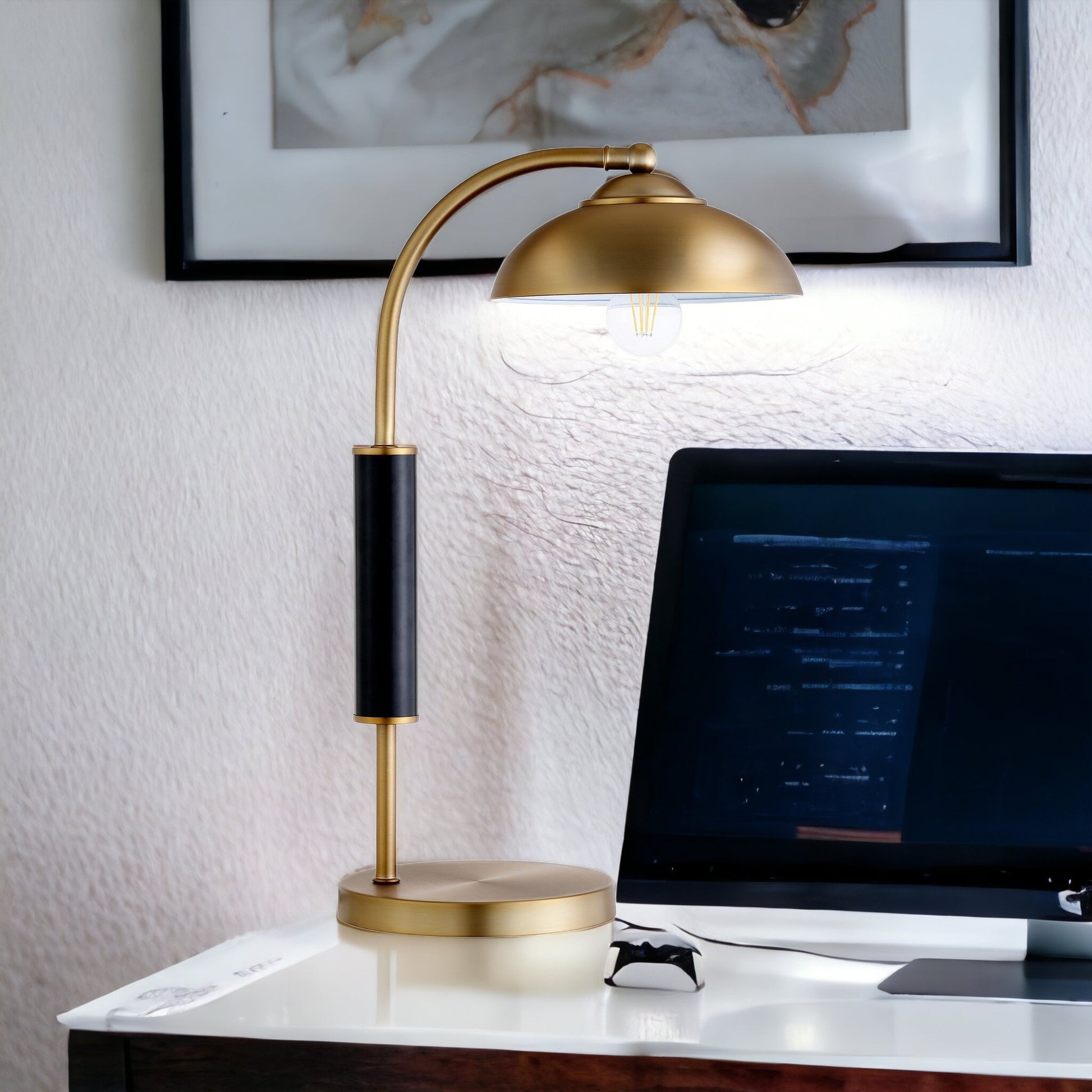 24" Gold and Black Metal Desk Table Lamp With Gold Dome Shade-3