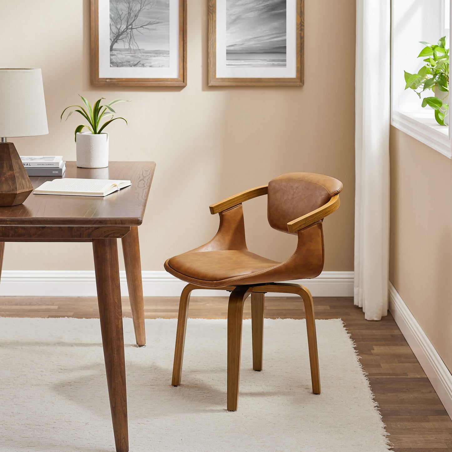 Brown And Natural Upholstered Faux Leather Dining Arm Chair-6